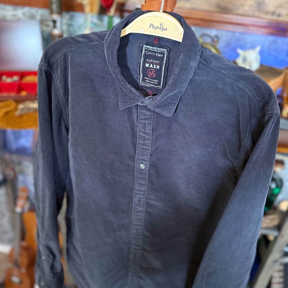 Calvin Klein Corduroy Button Down Shirt Black Slim Fit Medium Garment Wash